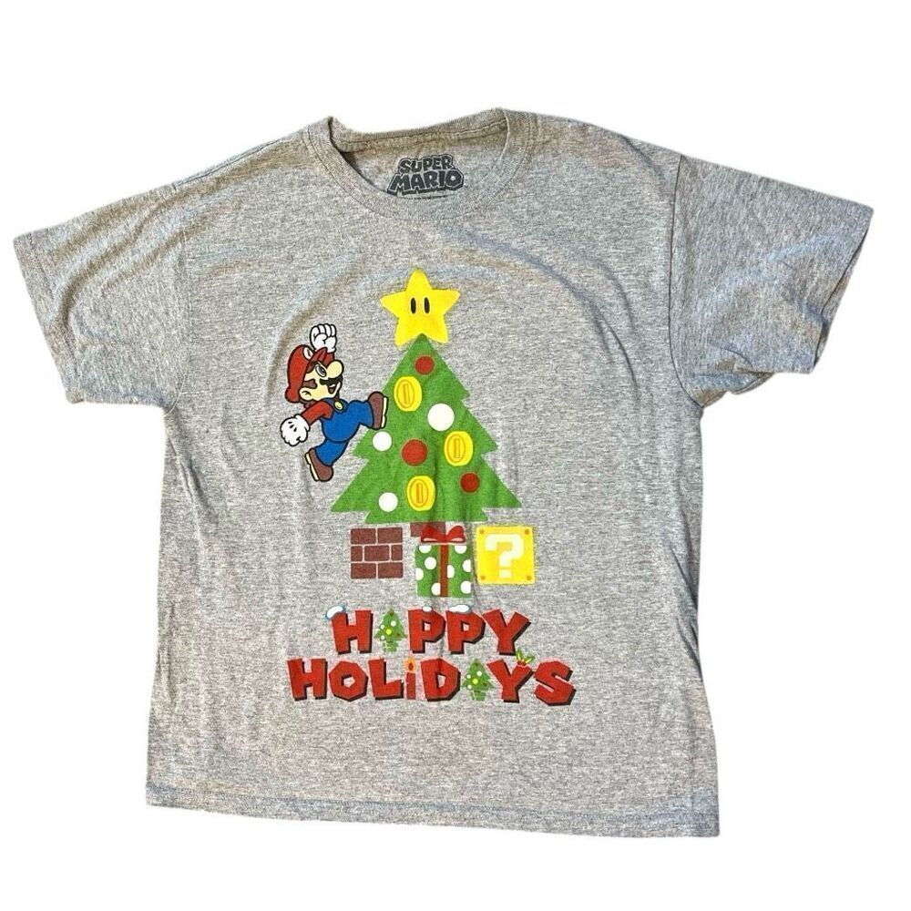 Youth Boys Super Mario Bros Happy Holidays Graphic Tee Shirt - Sz XL 14/16